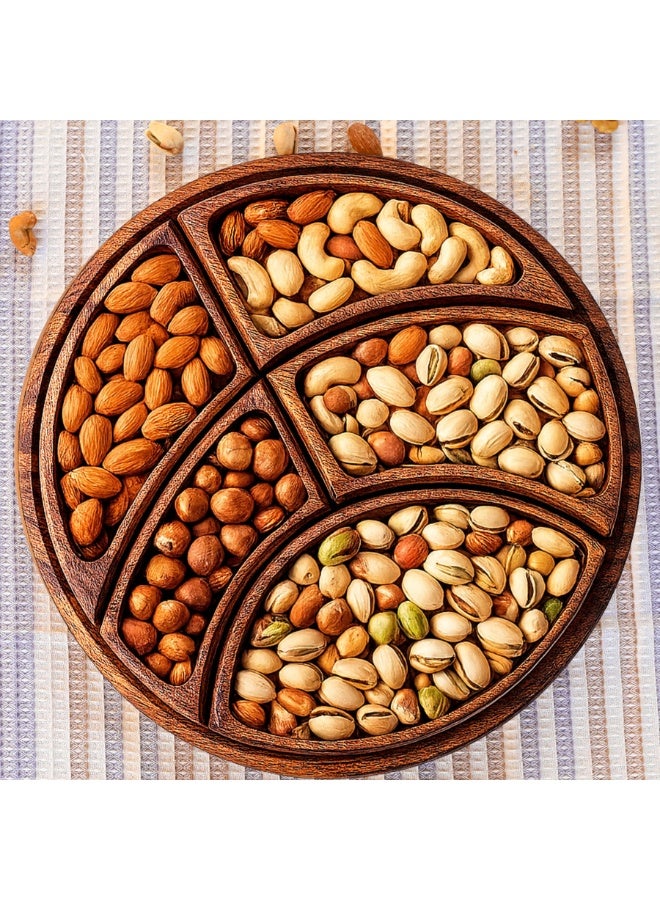 Round snack dish with five compartments, made of natural wood. - Image 1